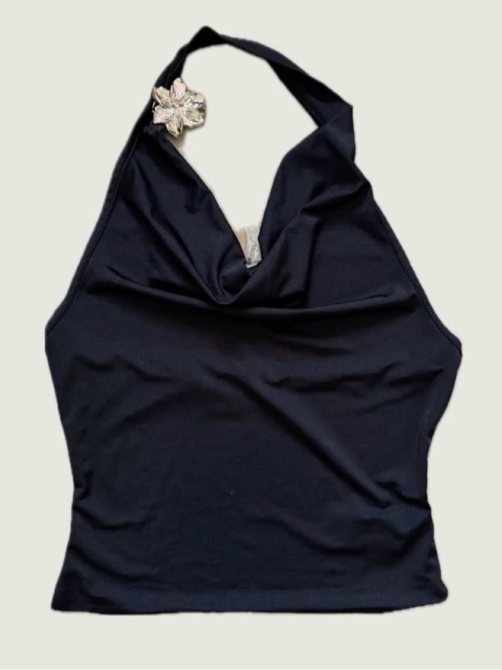 SHEIN Black Halter Cowl Neck Tank with Decorative Accent